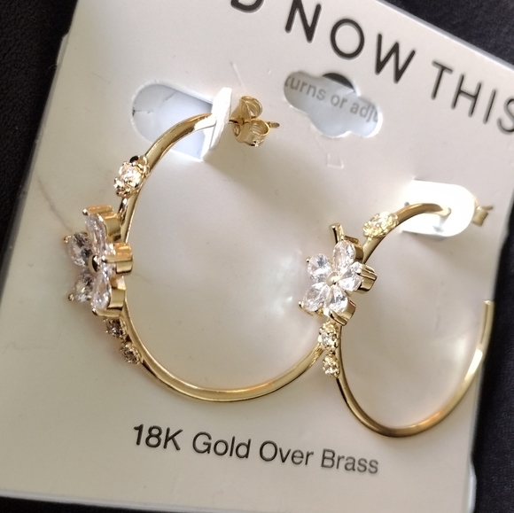 And Now This Gold Hoop Earrings with Crystal Floral Accents NWT - Picture 3 of 6